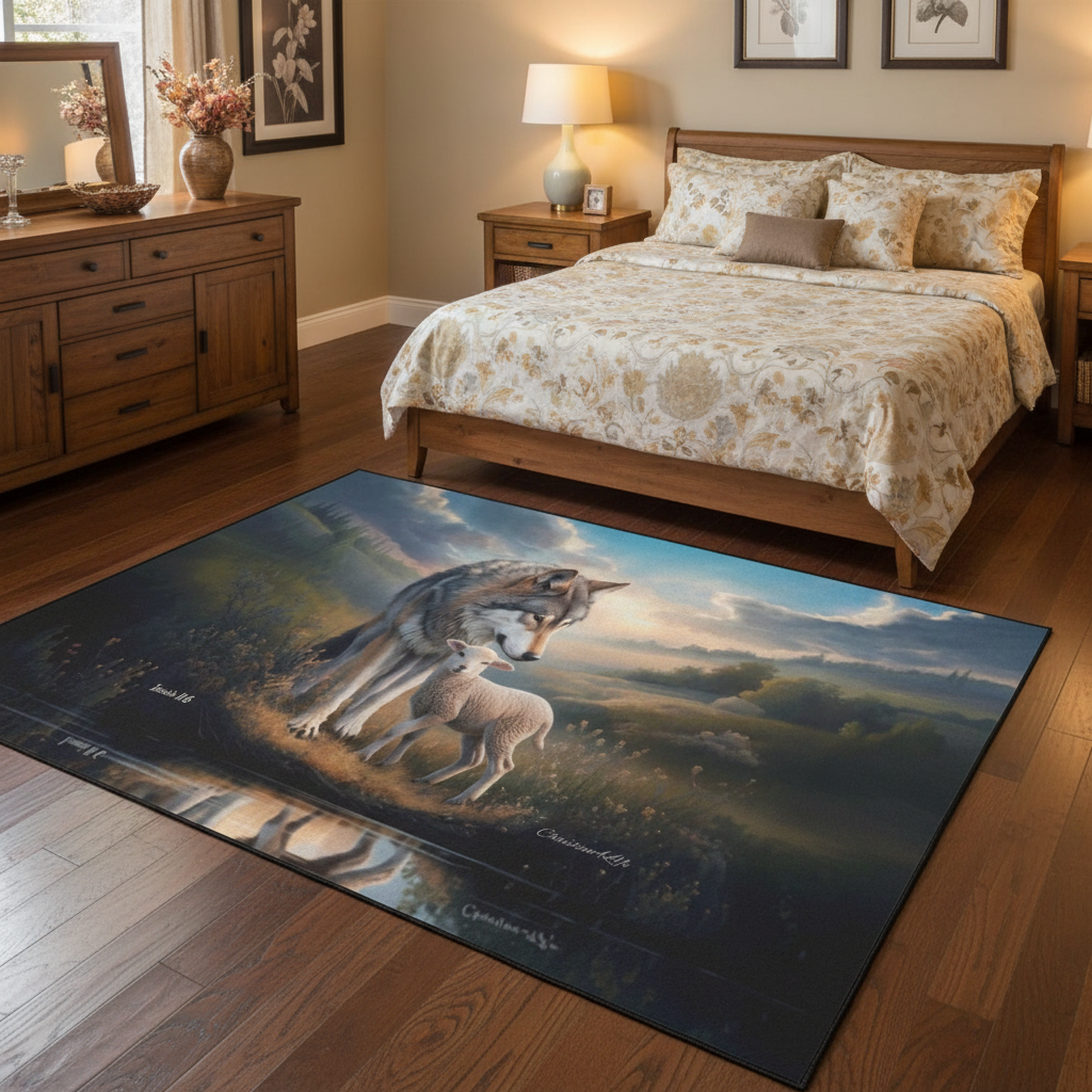 Wolf and Lamb water reflection Christian Area Rug with Black Binding 84"x60"