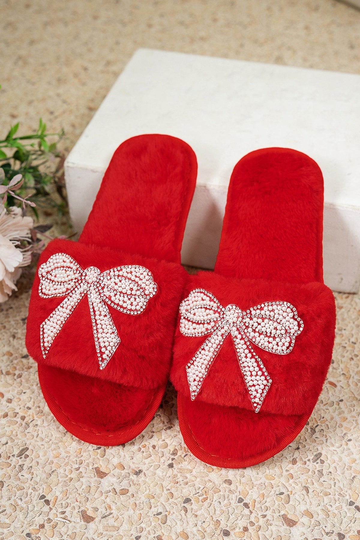 Fiery Red Pearl Rhinestone Embellished Bow Open Toe Plush Slippers