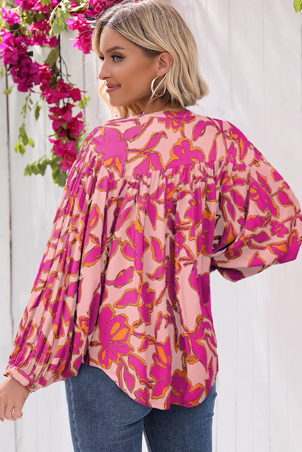 Blue Floral Print Batwing Sleeve Buttoned Loose Fit Shirt