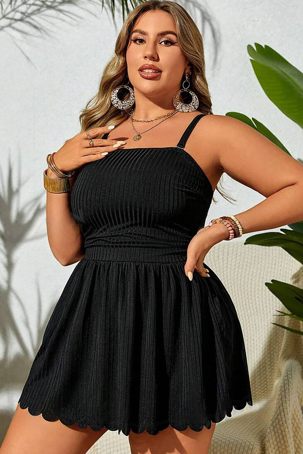 Black Plus Size Textured Scalloped Trim Swim Dress with Panty