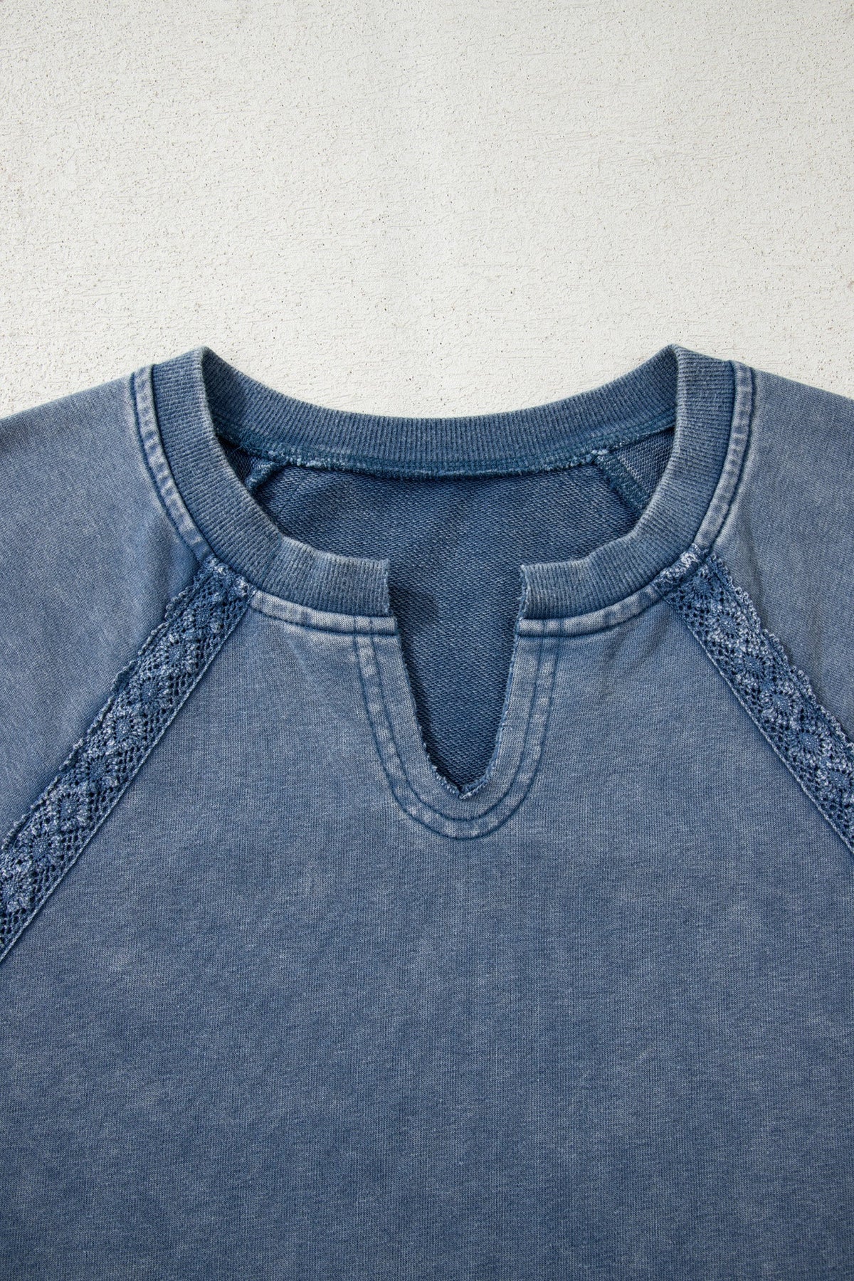 Red Dahlia Lace Patchwork Detail Notched Neck Mineral Wash Baggy Sweatshirt