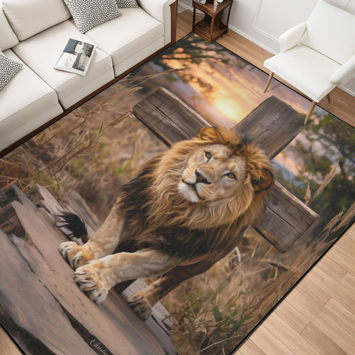 Lion of Judah, rock and cross Area Rug with Black Binding 84"x60"