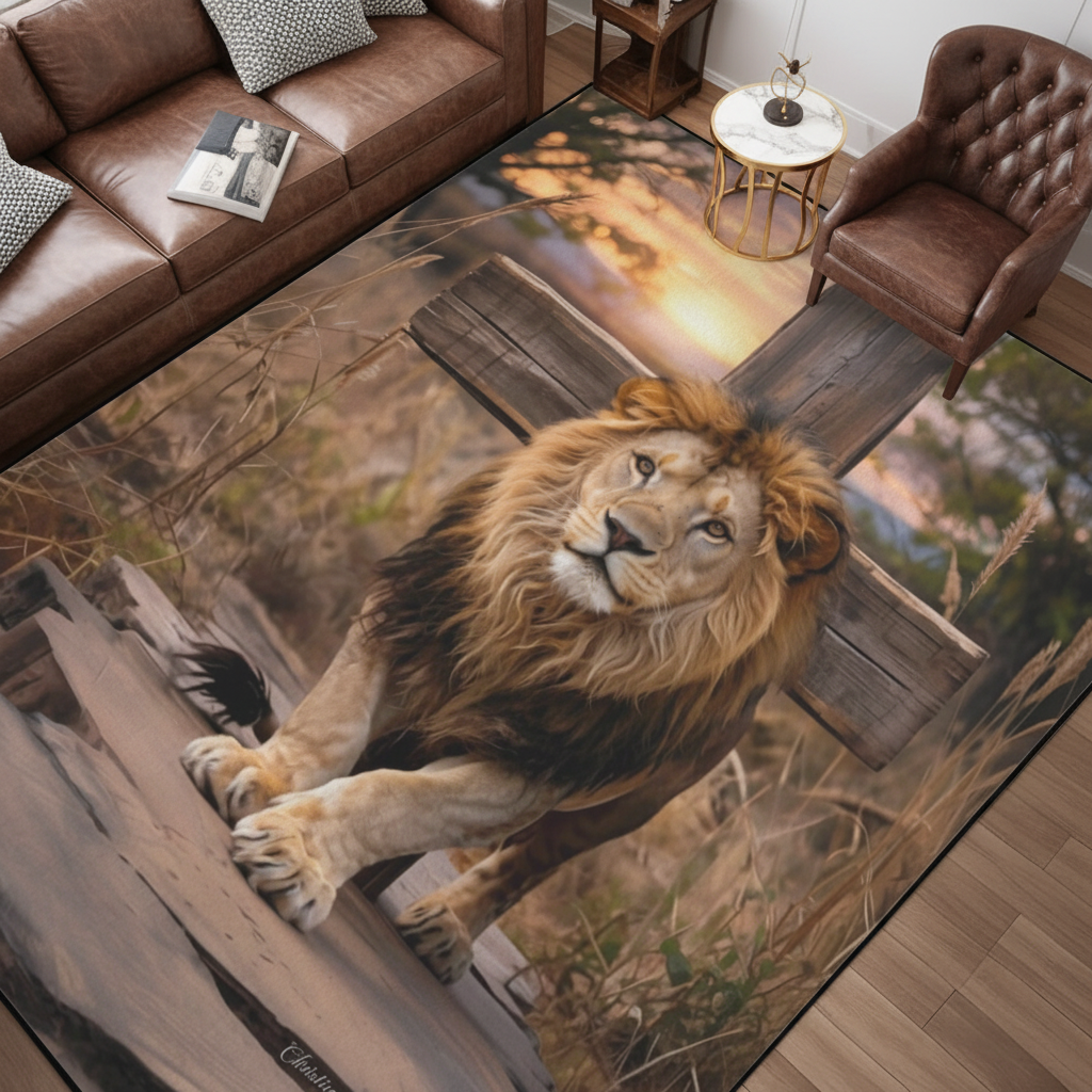 Lion of Judah, rock and cross Area Rug with Black Binding 84"x60"