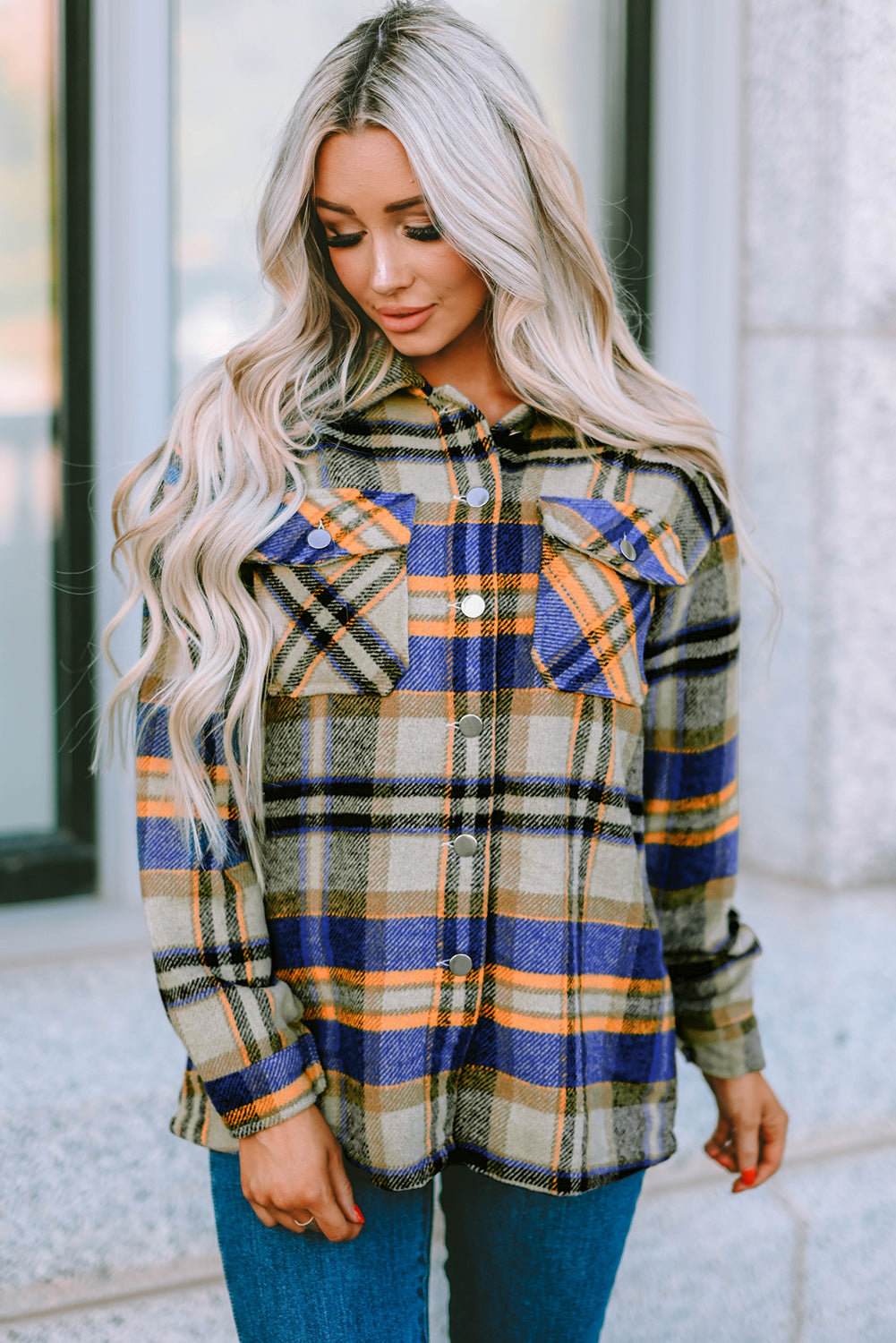 Green Geometric Plaid Print Pocketed Shacket
