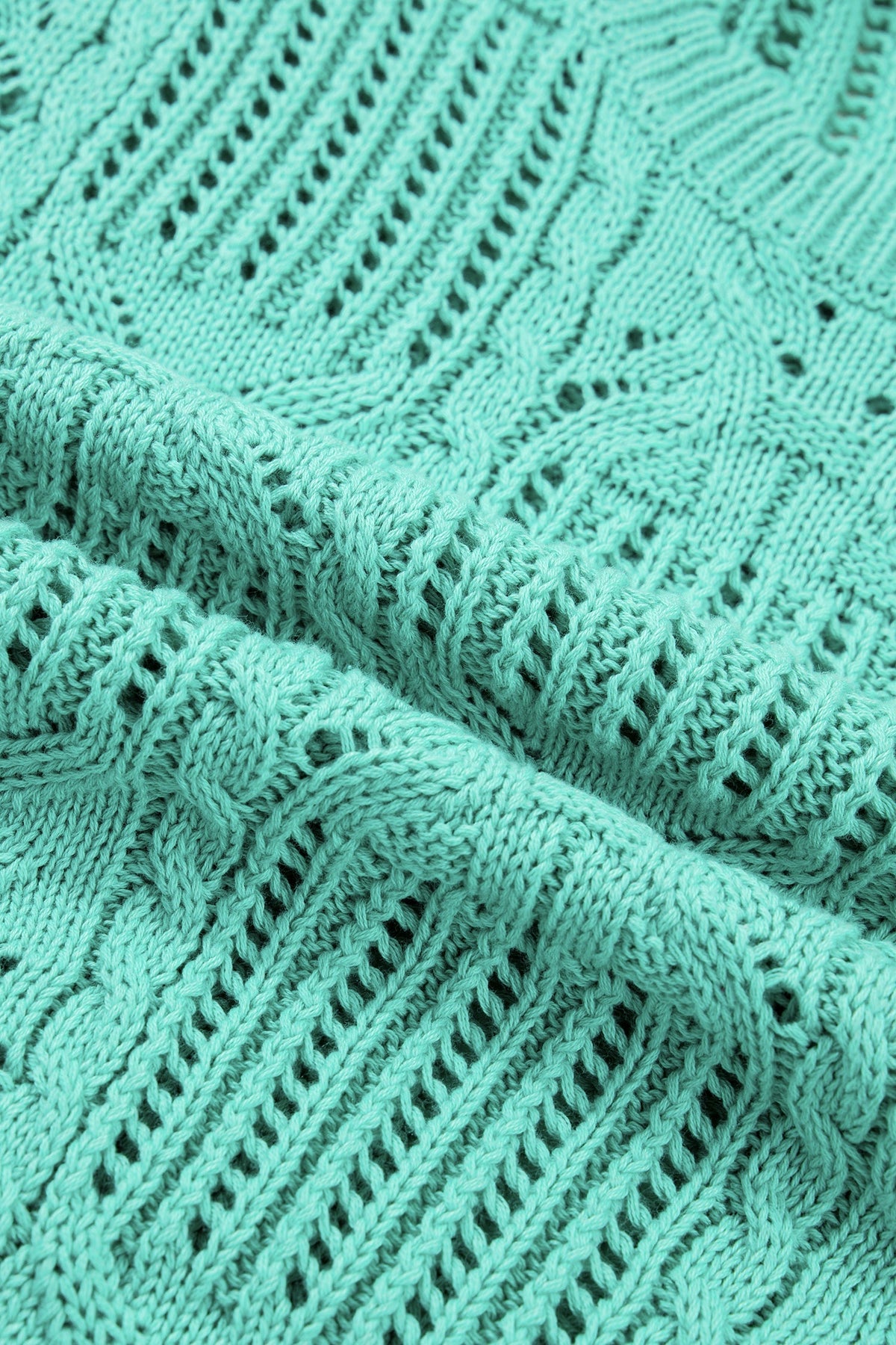 Mint Green Pointelle Knit Patterned Scalloped Trim Short Sleeve Sweater