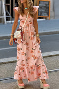 Pink Floral V Neck Smocked High Waist Ruffle Hem Long Dress