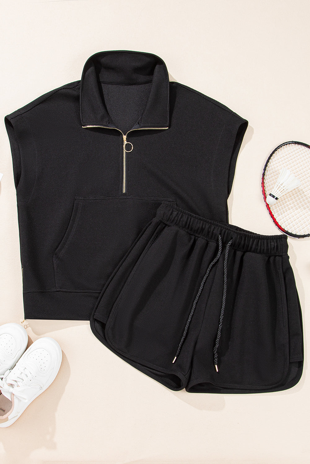 Parchment Textured Half Zip Kangaroo Pocket Top Drawstring Shorts Set