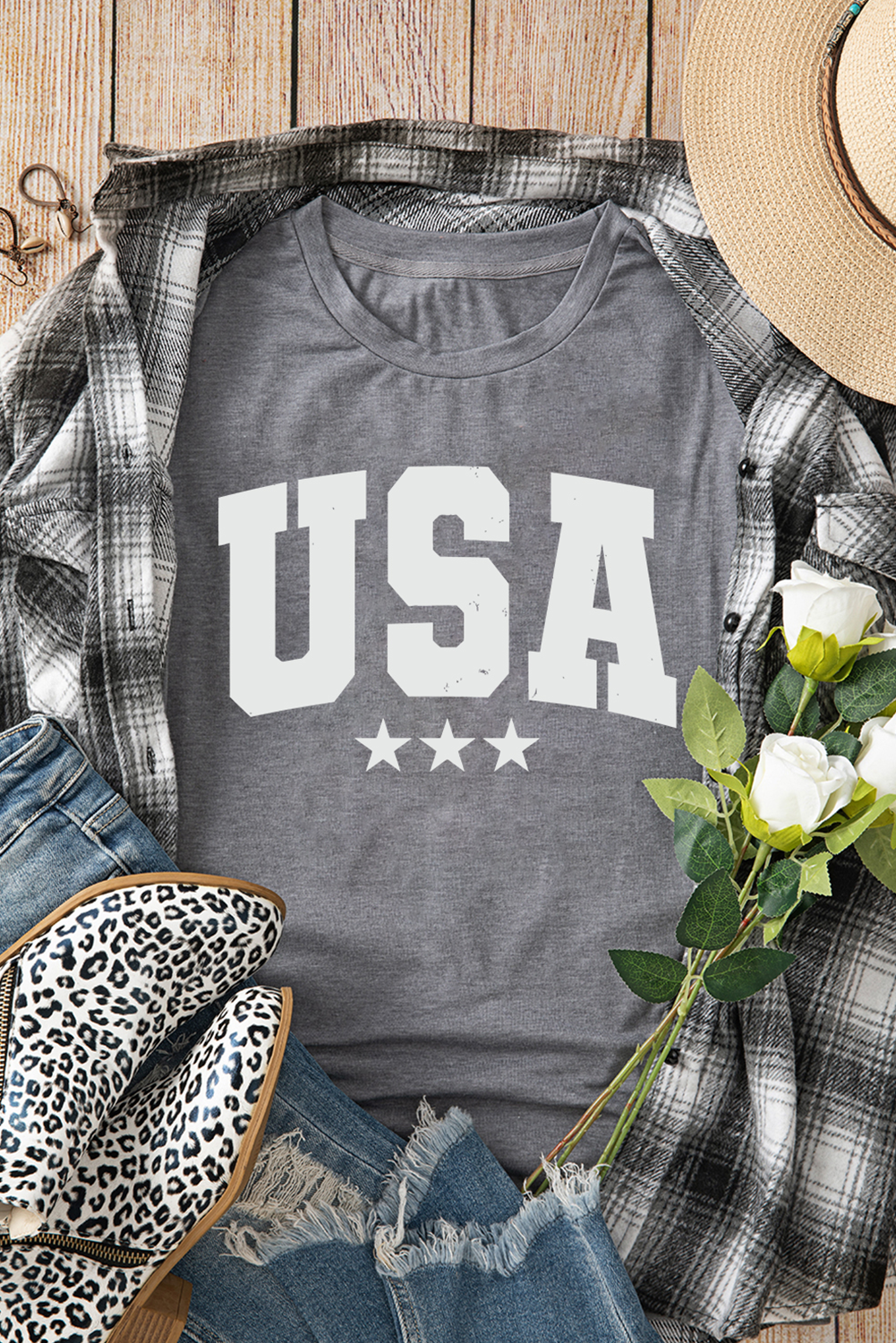 Gray USA Letter Crewneck Tee