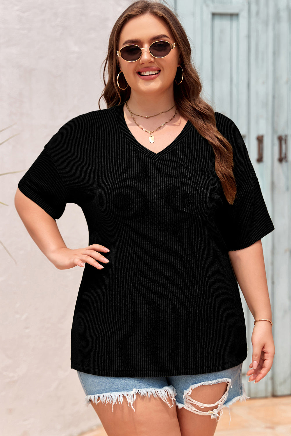 Valerian Textured V-Neck Dropped Shoulder Plus T-Shirt