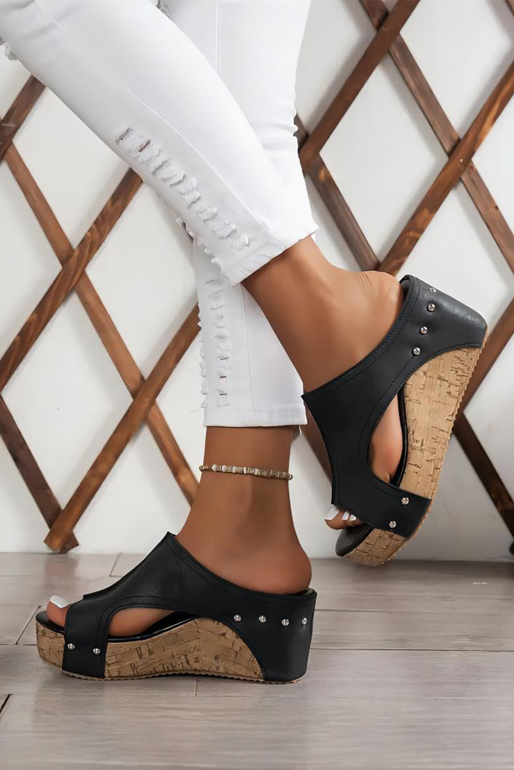 Chestnut Hollow Out Studded PU Leather Wedge Slippers
