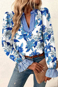 Sky Blue Floral Print Striped Patchwork Long Flounce Sleeve Ricrac Trim V Neck Blouse
