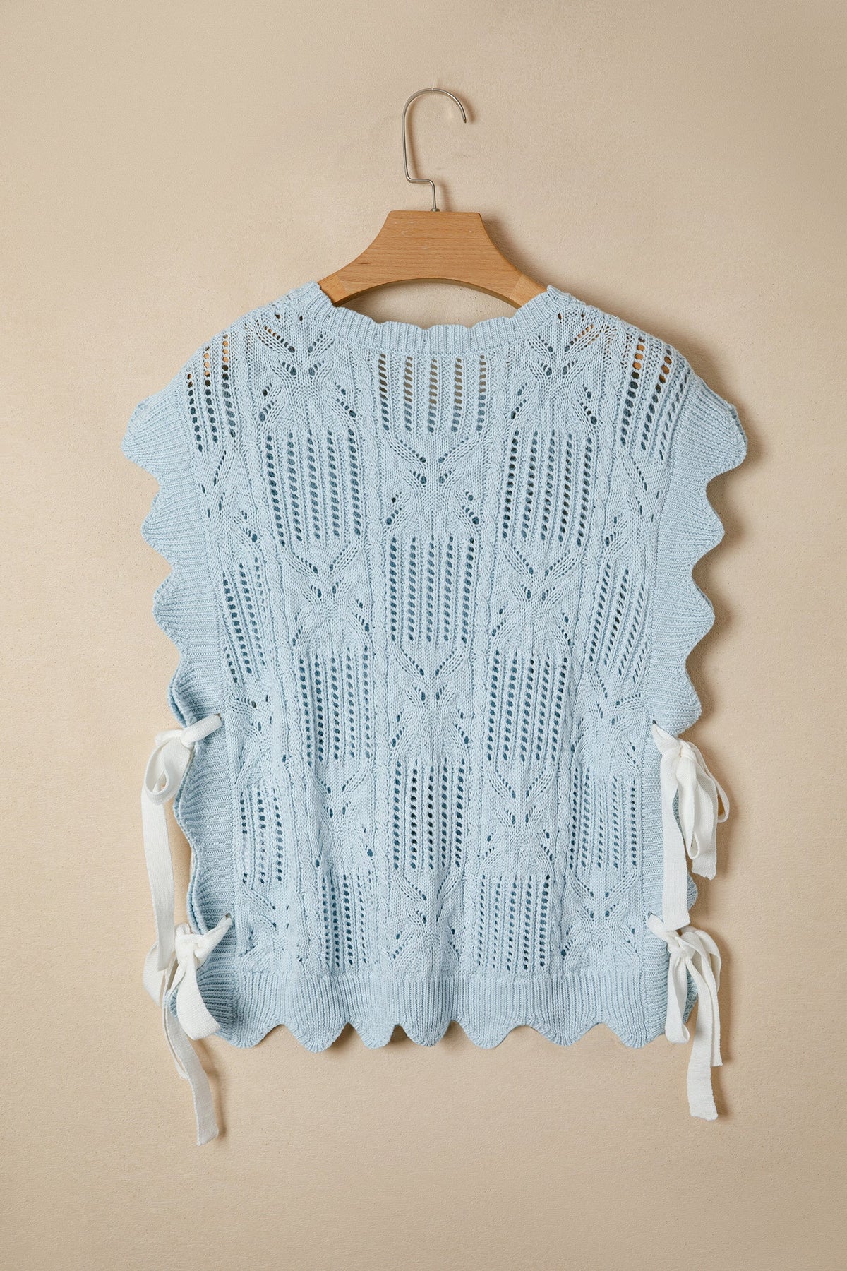 Mint Green Pointelle Knit Patterned Scalloped Trim Short Sleeve Sweater