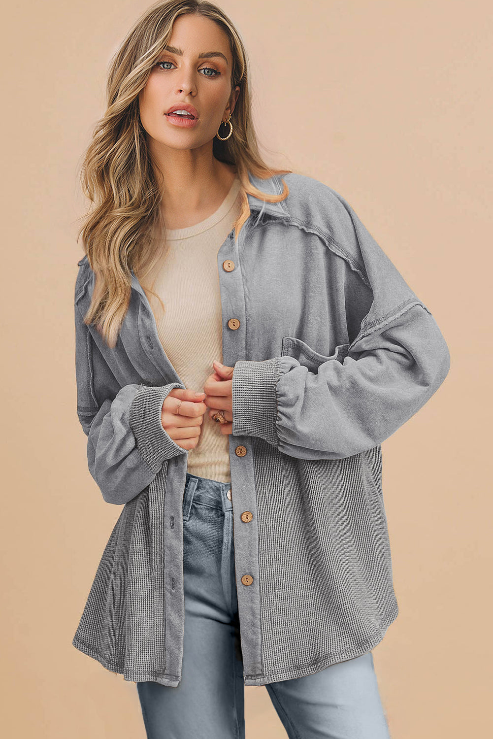 Black Waffle Knit Patchwork Exposed Seam Loose Shacket