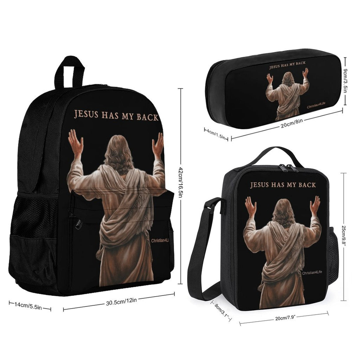 Jesus Has My Back - Three piece set combination Backpack, Lunch Bag and Small Case