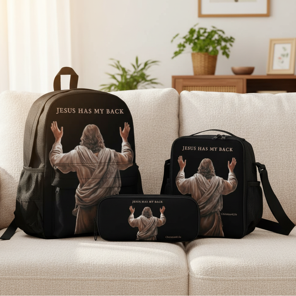 Jesus Has My Back - Three piece set combination Backpack, Lunch Bag and Small Case