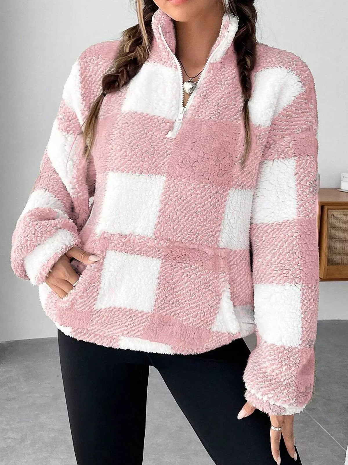 Full Size Plaid Sherpa Long Sleeve Sweatshirt Plus Size