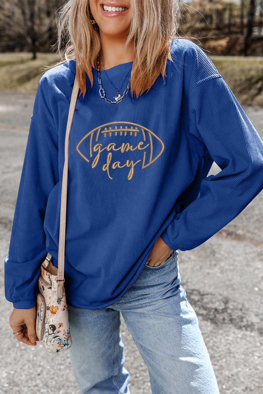 Black Football Graphic Game Day Embroidered Corded Sweatshirt