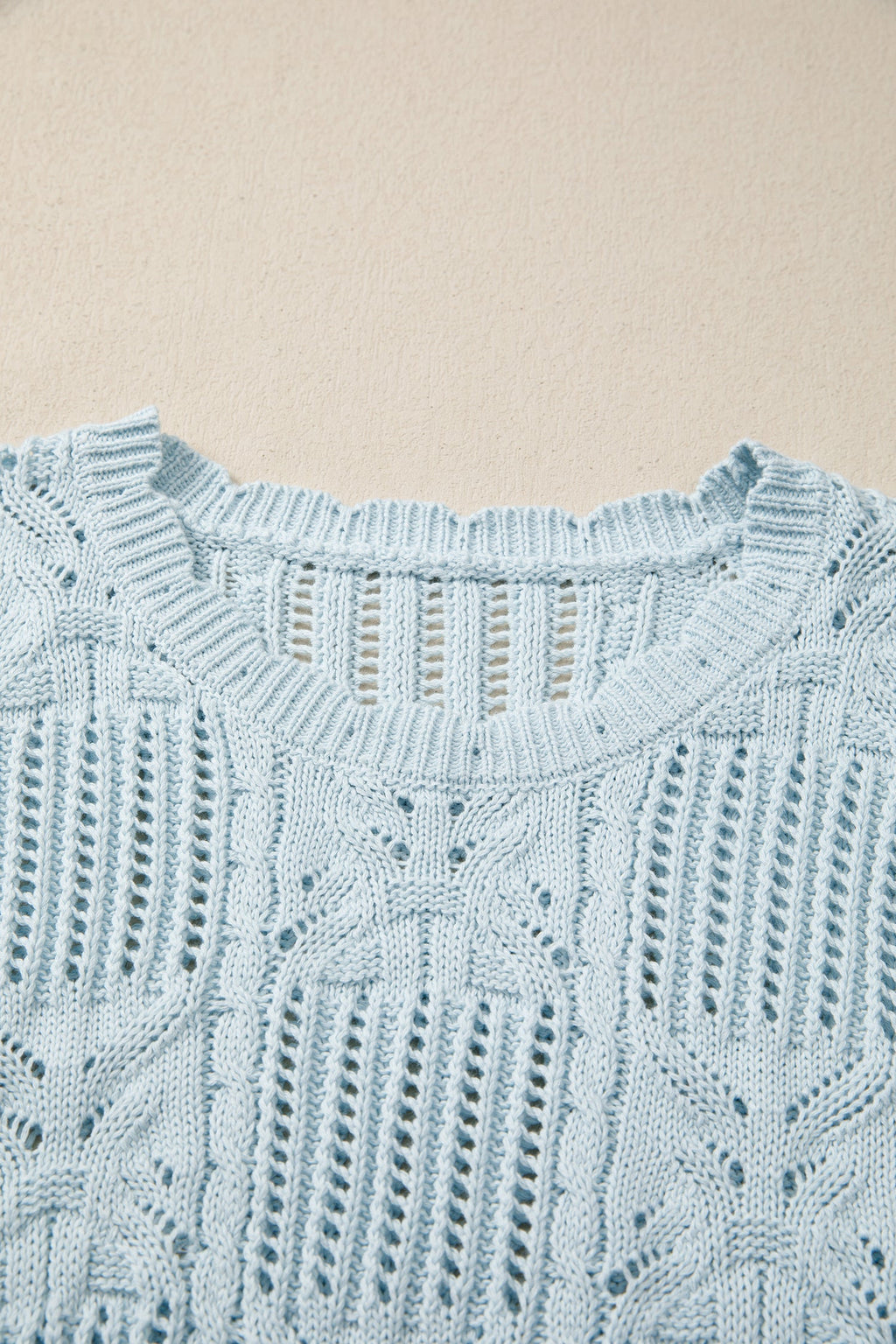 Mint Green Pointelle Knit Patterned Scalloped Trim Short Sleeve Sweater