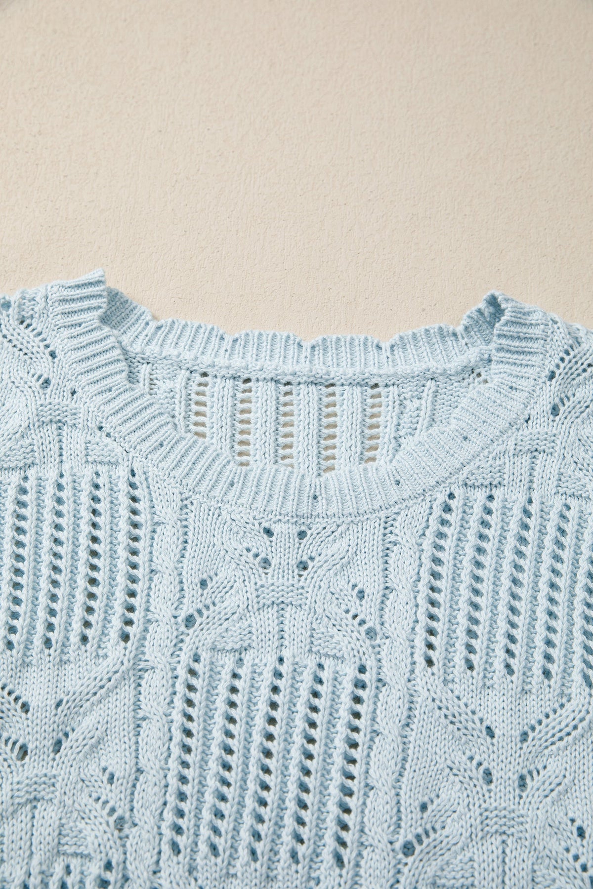 Mint Green Pointelle Knit Patterned Scalloped Trim Short Sleeve Sweater