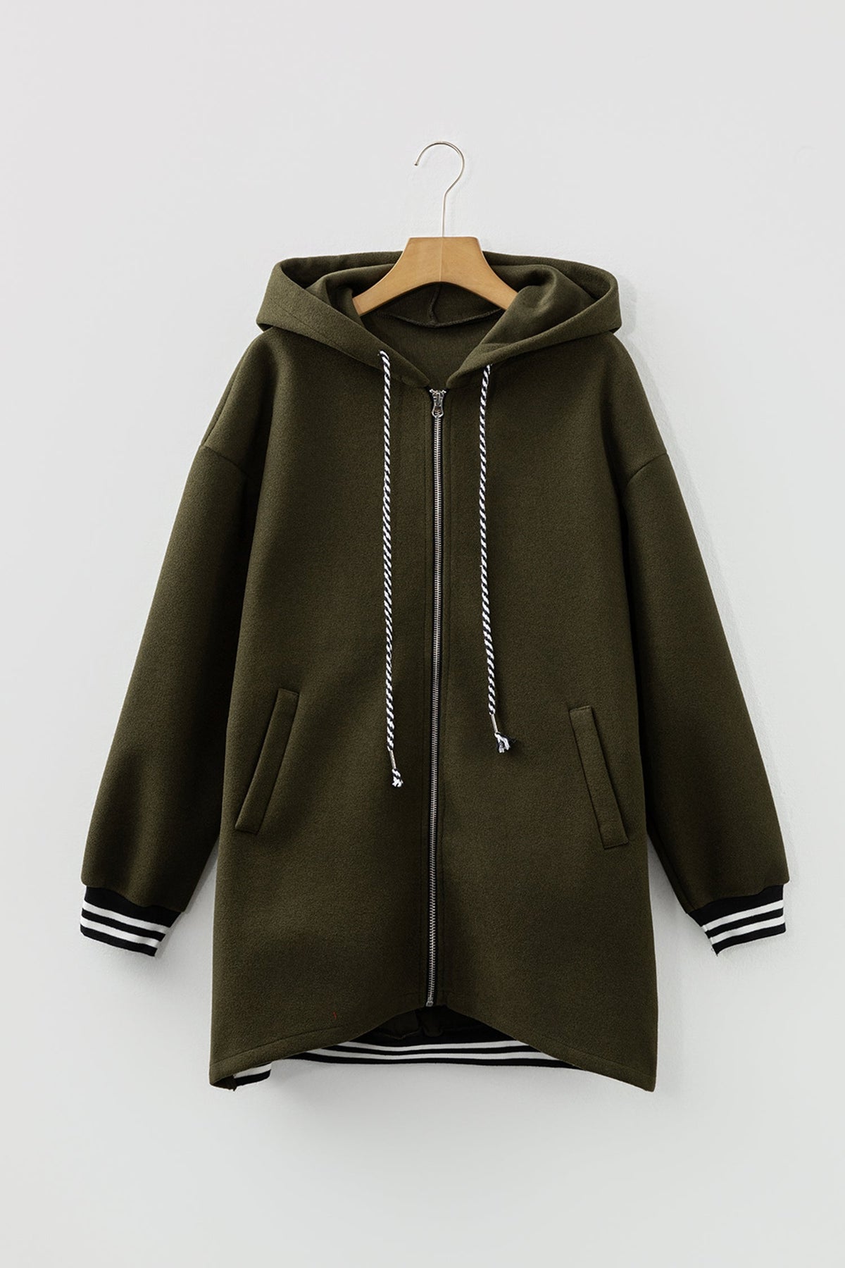 Four Leaf Clover Contrast Cuffed Drop Shoulder Zip up Tunic Hoodie