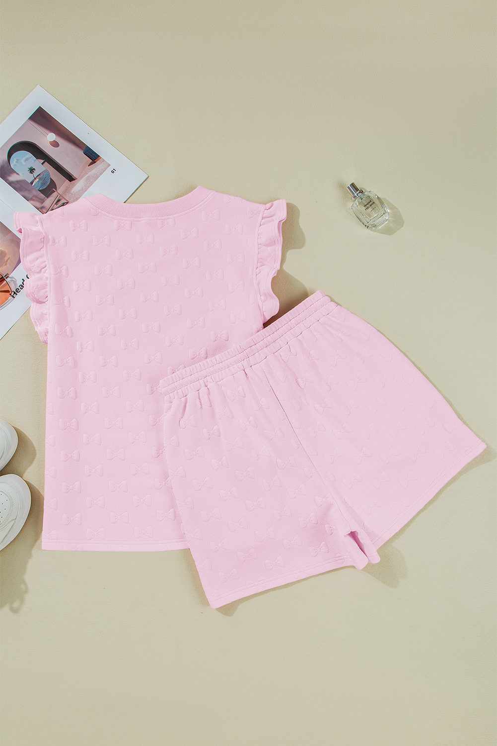 White Plain Bow Jacquard Ruffle Sleeve Shorts Set