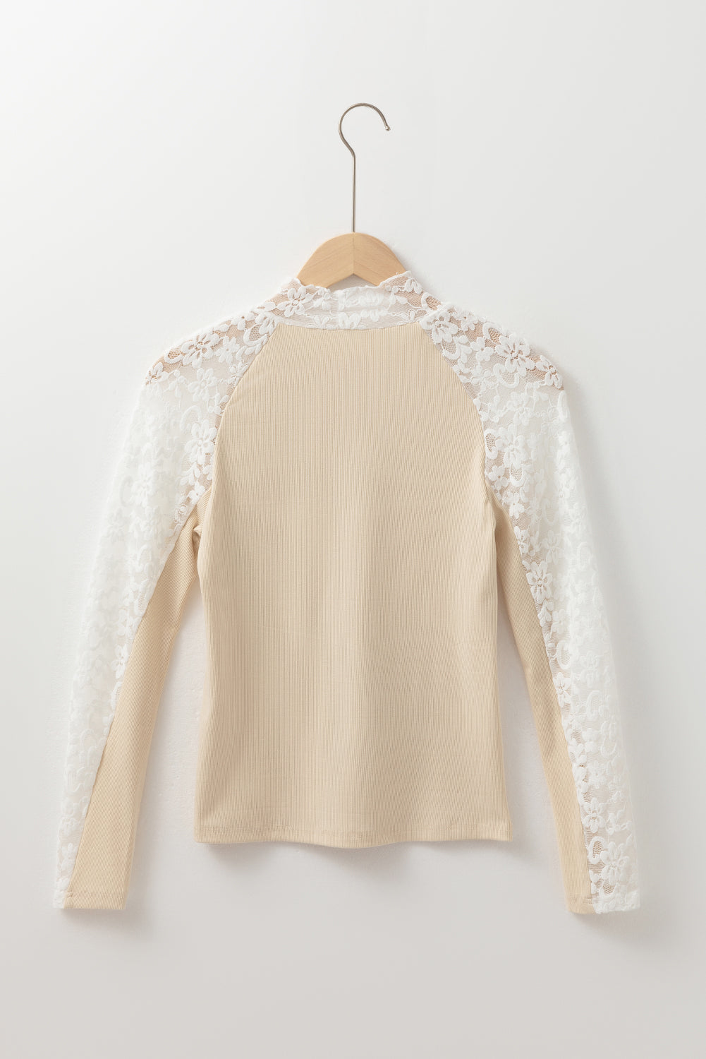 Smoke Gray Floral Lace Patchwork Long Sleeve High Neck Slim Top