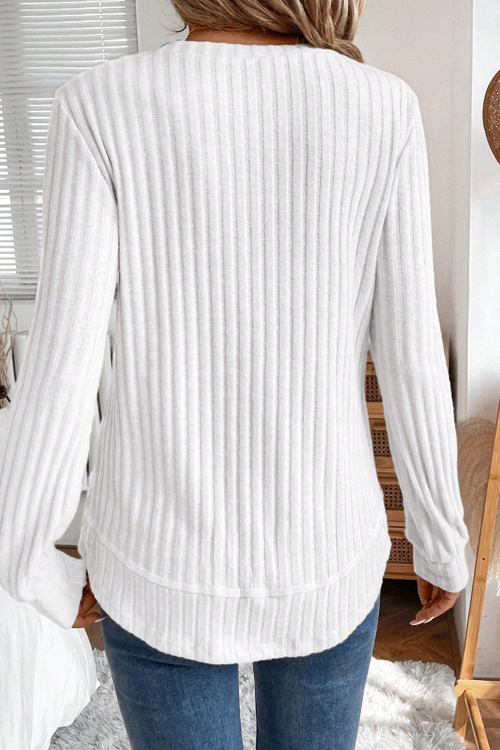 Black Ribbed Texture Round Neck Long Sleeve Rounded Hem Knit Top