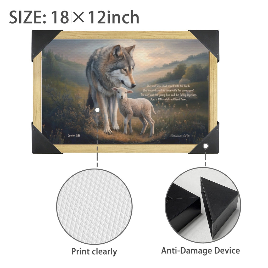 Framed - Wolf and Lamb with Isaiah 11:6 Quote, Christian Canvas, Wooden Frame