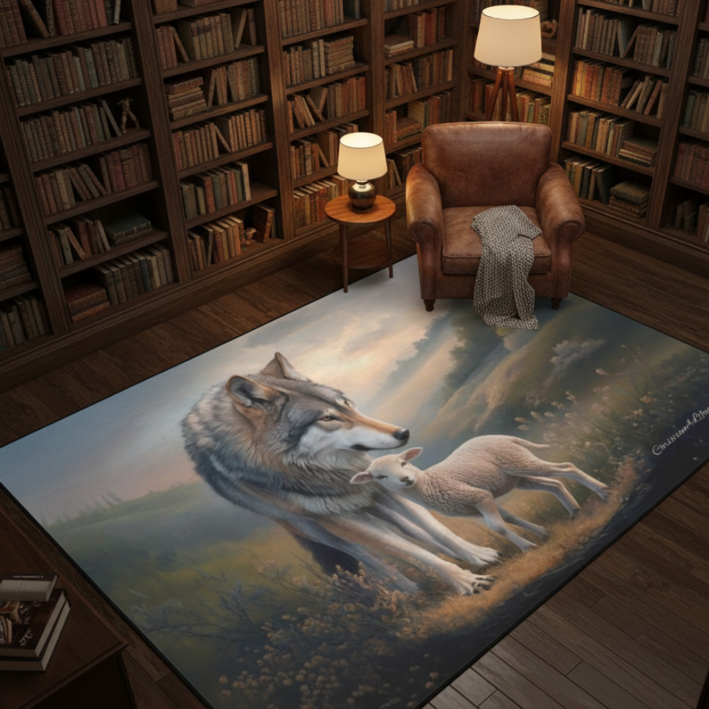 Wolf and Lamb Area Rug — Isaiah 11:6 Christian Rug with Black Binding 84" x 60"
