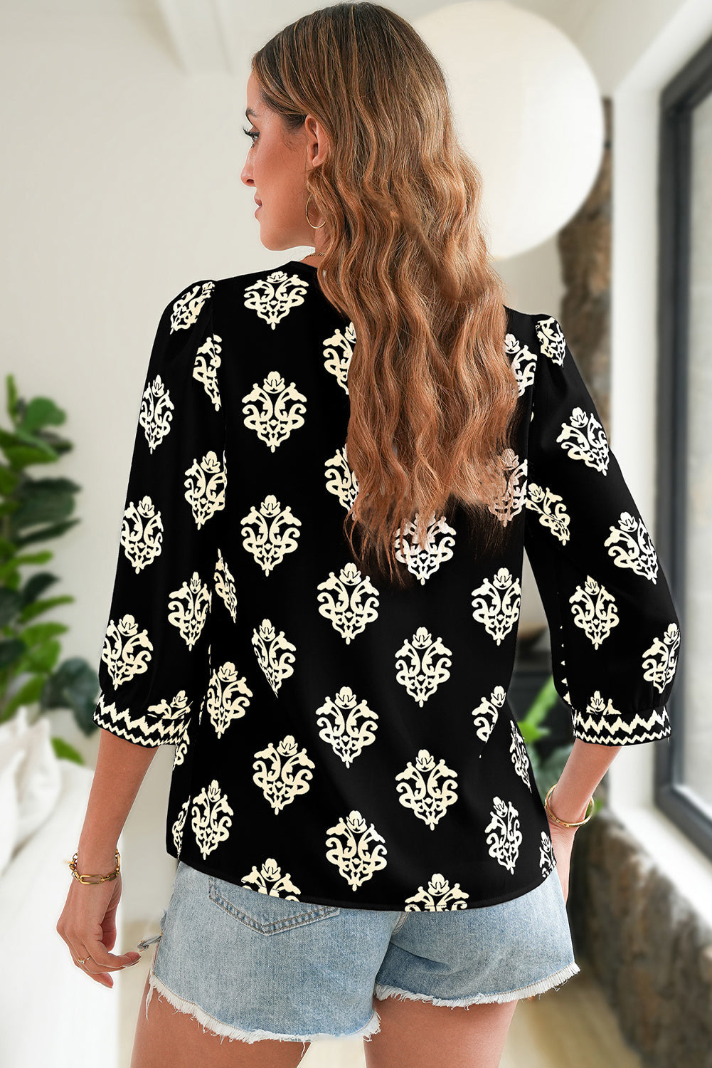 Green Damask Floral Print Contrast V Neck 3/4 Sleeve Blouse