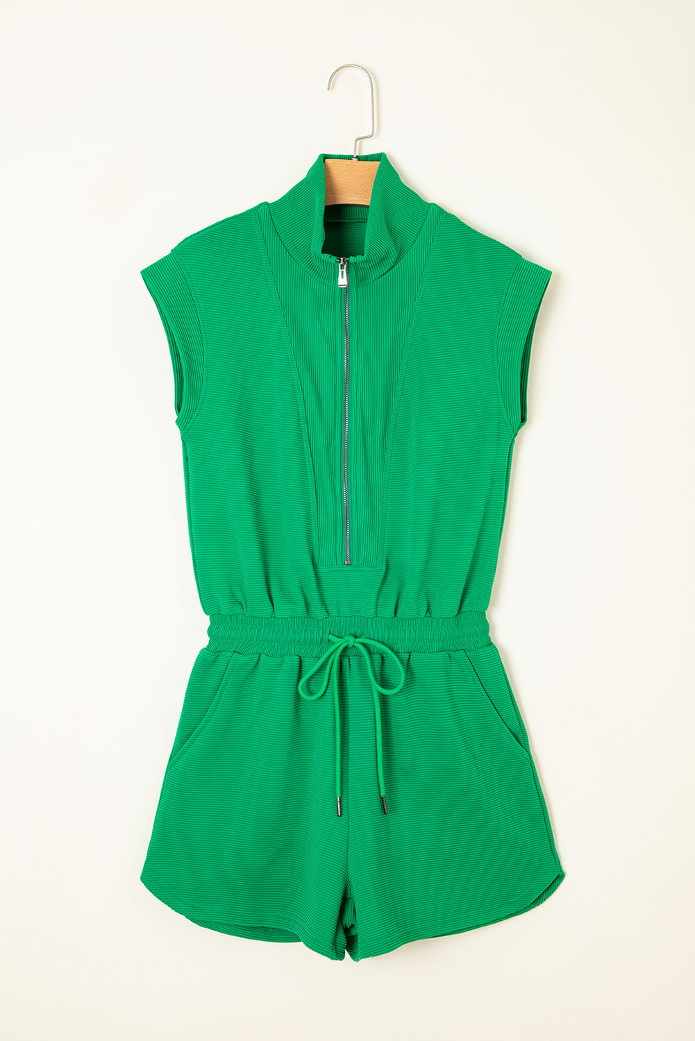 Bright Green Textured Short Sleeve Half Zip Drawstring Waist Romper