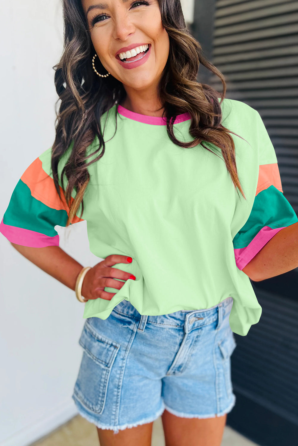 Pink Color Block Stitching Sleeve Round Neck Oversize Top