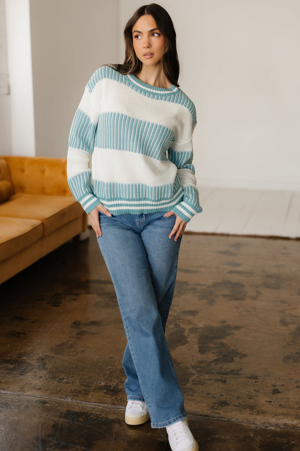 Khaki Two Tone Striped Patchwork Drop Shoulder Loose Sweater