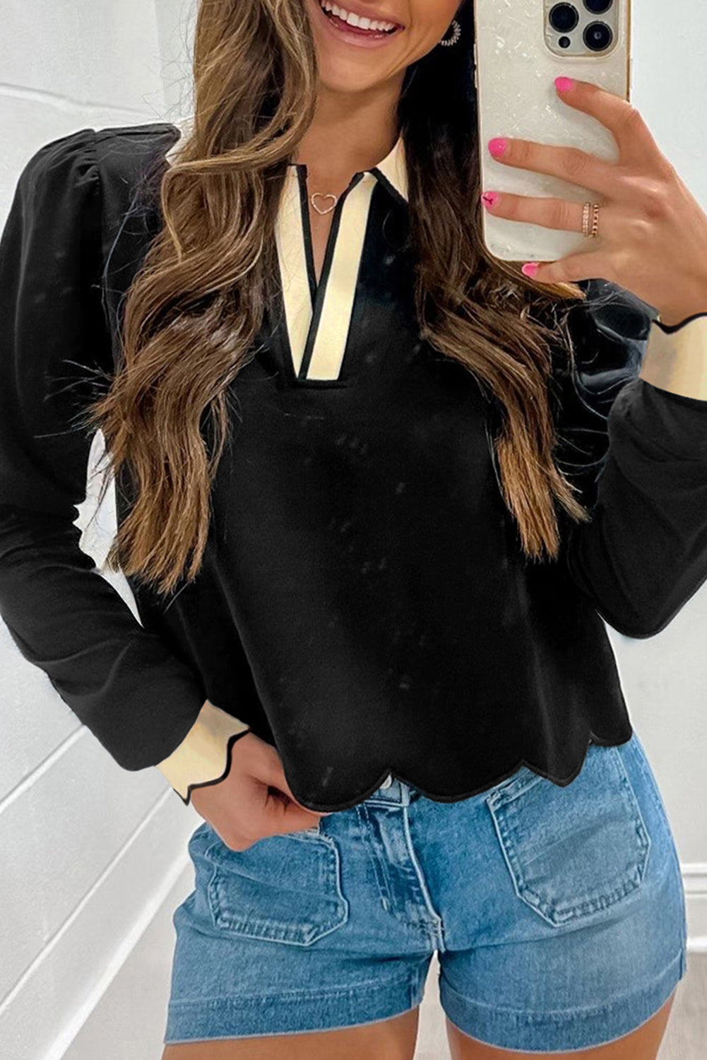 Black Scallop Trim Colorblock Long Sleeve Collared Top