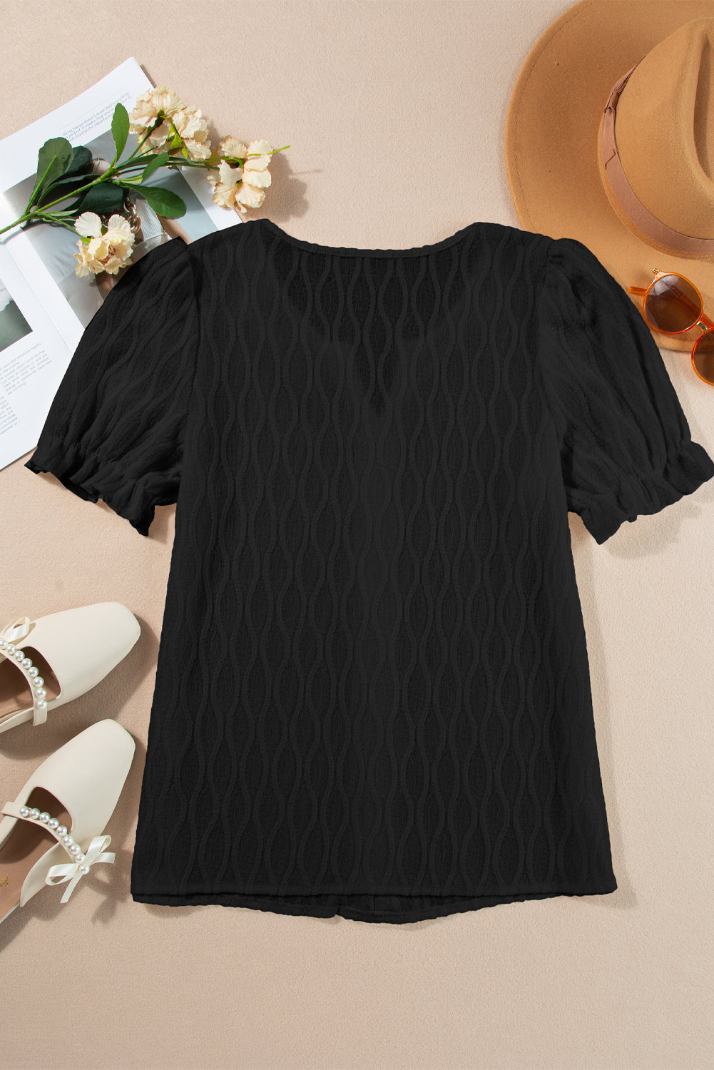 Beau Blue Solid Color Textured Notched Neck Puff Sleeve Blouse