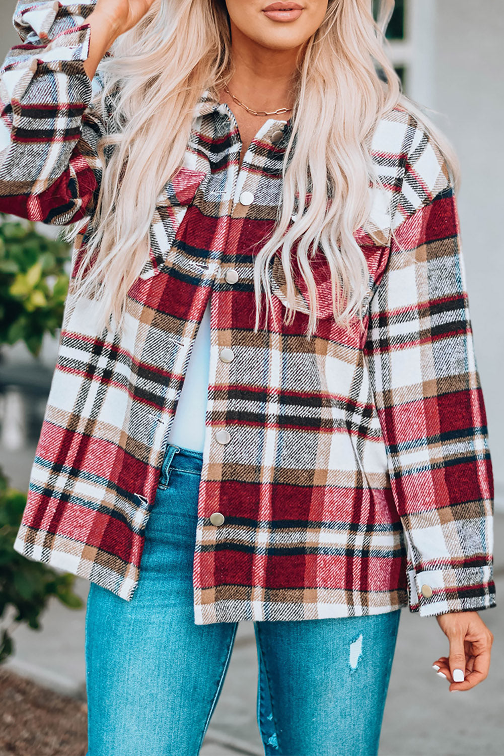 Green Geometric Plaid Print Pocketed Shacket