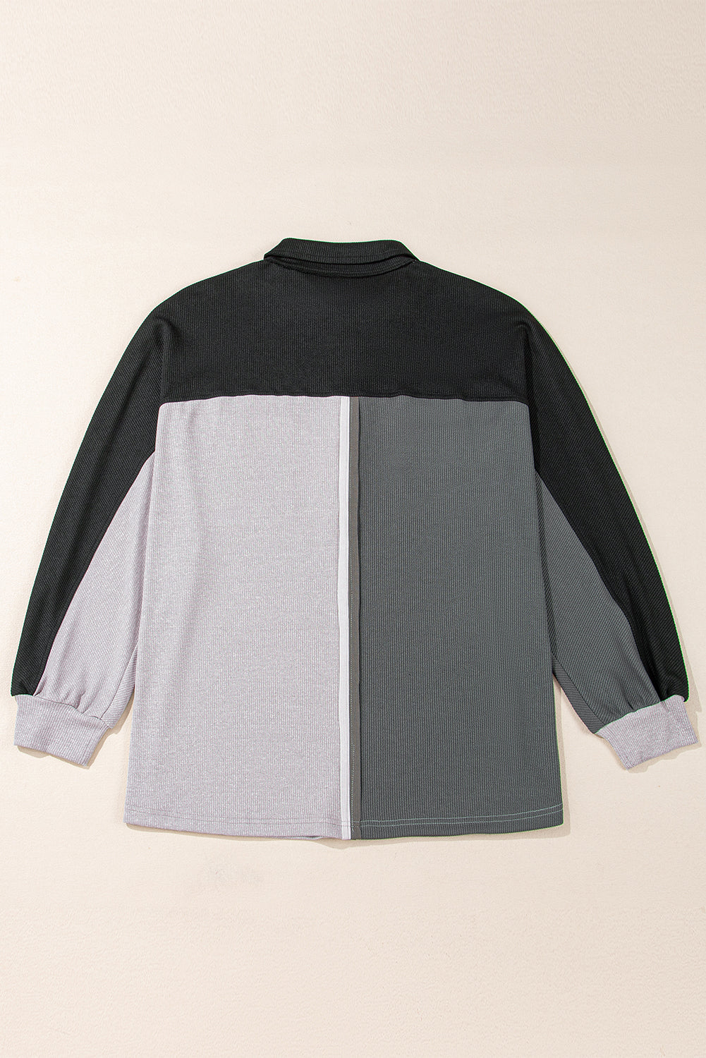 Gray Colorblock Patchwork Ribbed Oversized Henley Sweatshirt