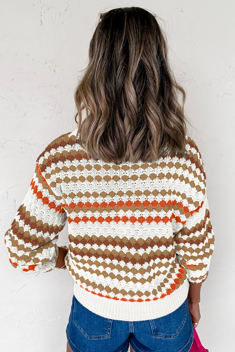 Khaki Striped Eyelet Pattern Drop Shoulder Sweater