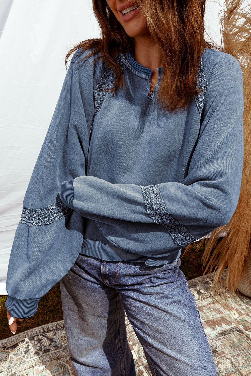 Red Dahlia Lace Patchwork Detail Notched Neck Mineral Wash Baggy Sweatshirt