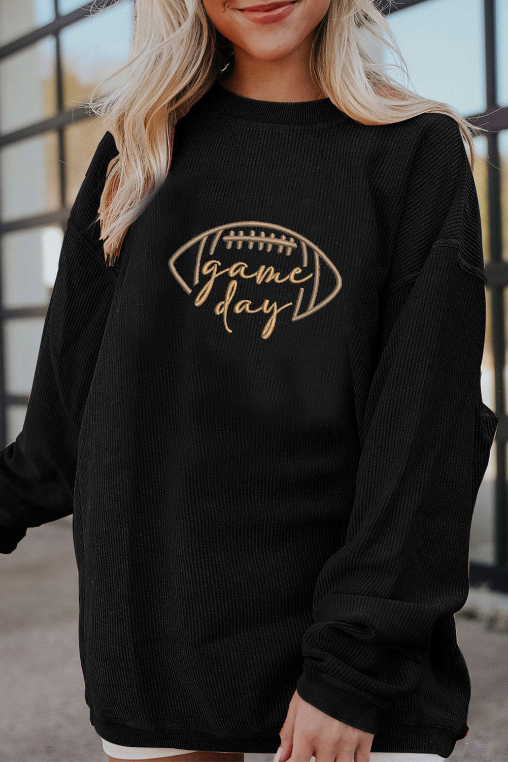 Black Football Graphic Game Day Embroidered Corded Sweatshirt