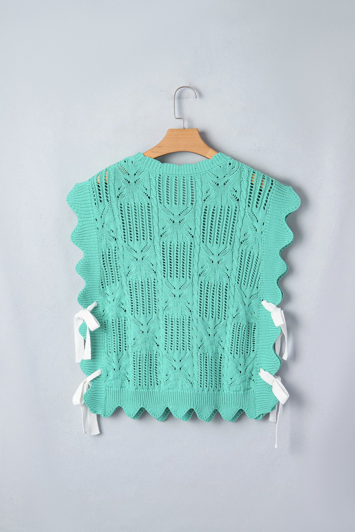 Mint Green Pointelle Knit Patterned Scalloped Trim Short Sleeve Sweater