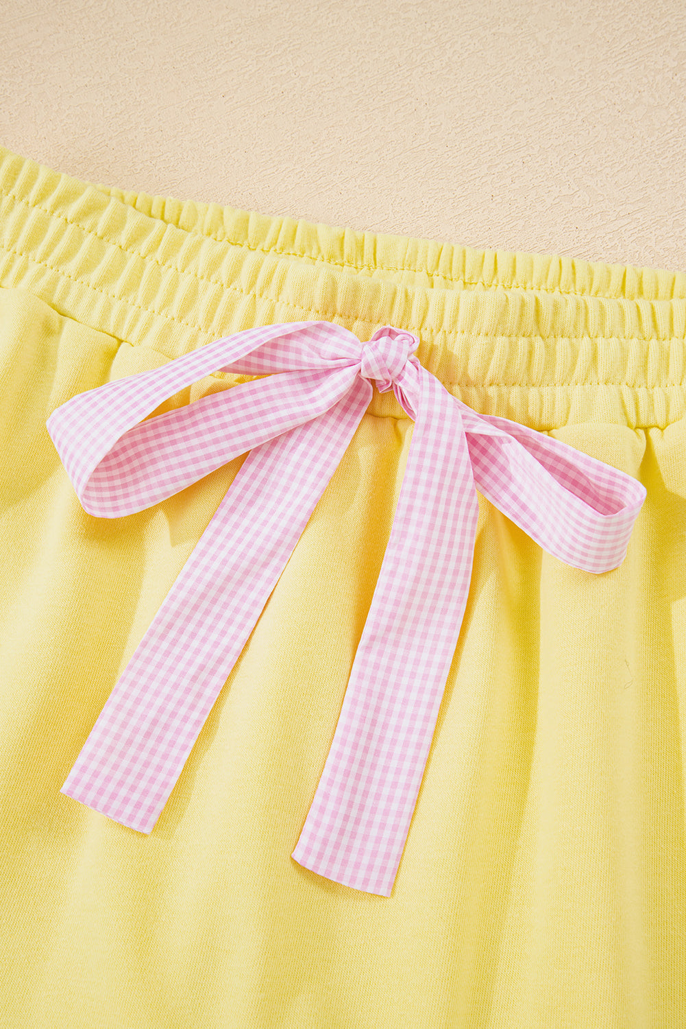 Yellow Cream Plaid Ruffled Patchwork Drop Shoulder Pullover and Drawstring Elastic Waist Shorts Matching Set