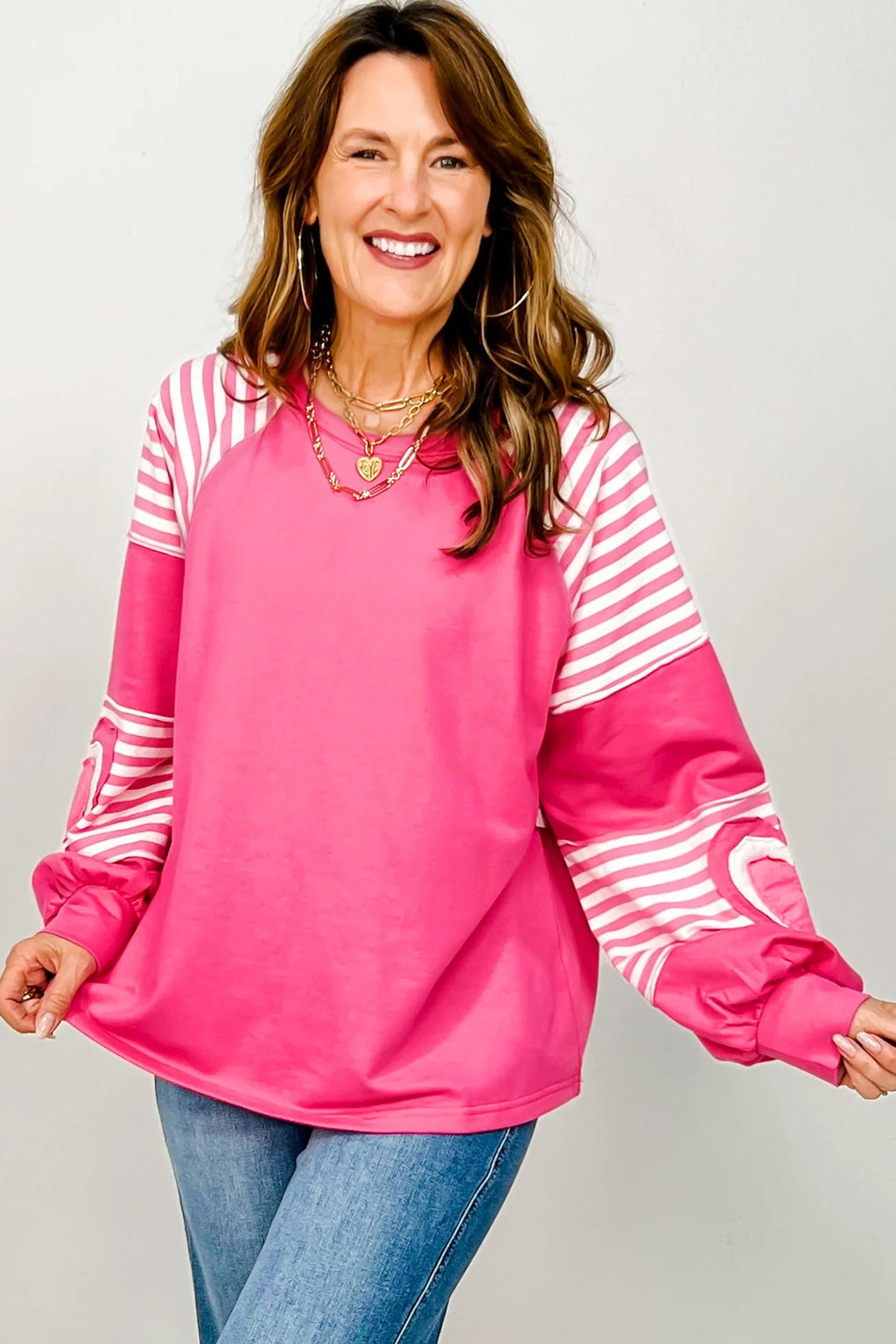 Strawberry Pink Heart Shape Striped Patchwork Long Sleeve Loose Top