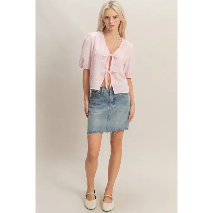 Gingham Bow Tie Puff Sleeve Blouse