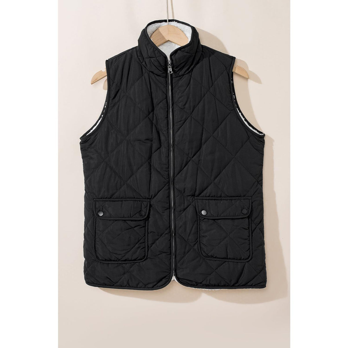 Black Fleece Lined Quilted Zip up Vest Coat Womenswear Tops