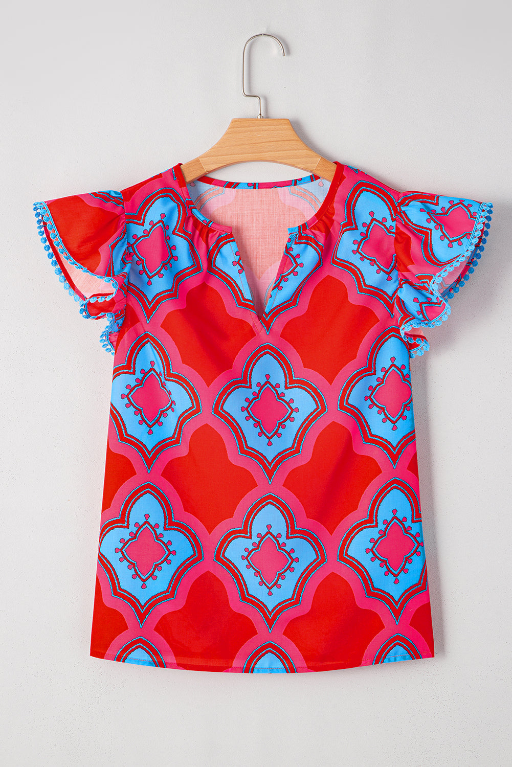 Red Random Abstract Print V Neck Ruffle Shoulder Blouse