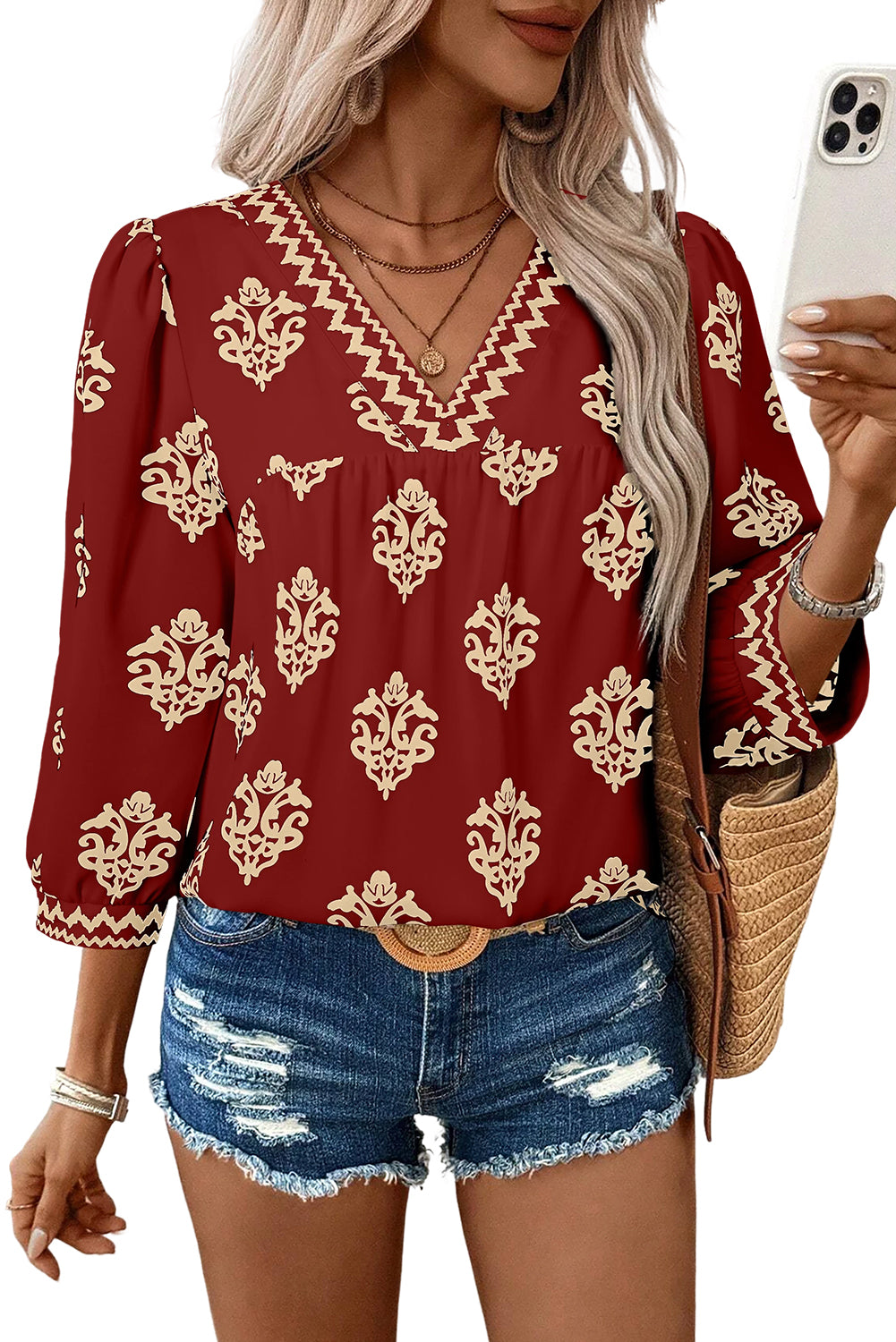 Green Damask Floral Print Contrast V Neck 3/4 Sleeve Blouse