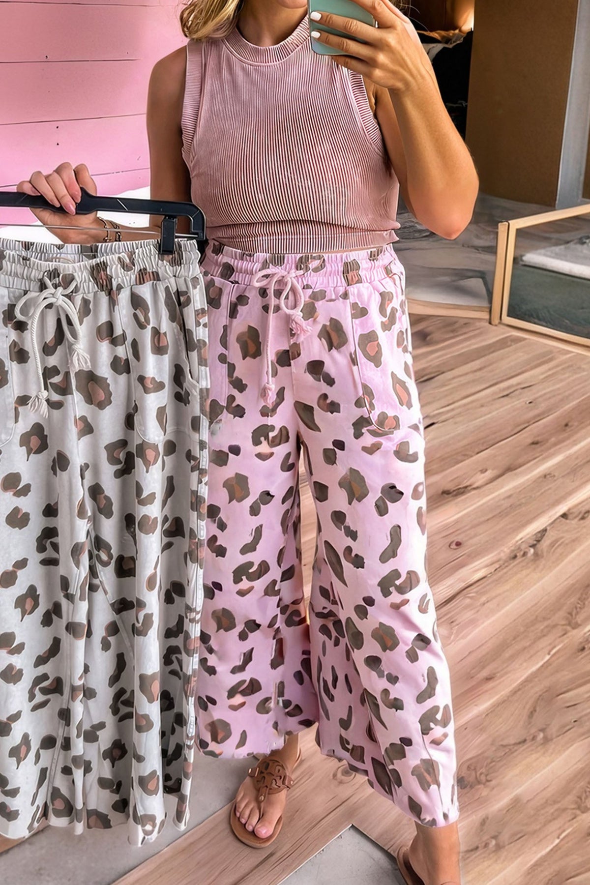 Beige Drawstring Leopard Print Patch Pocket Loose Pants