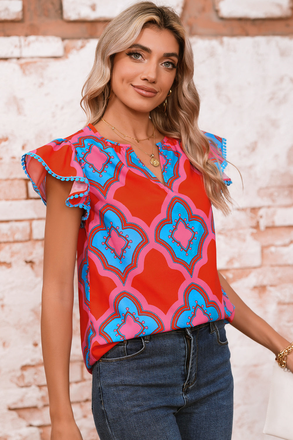 Red Random Abstract Print V Neck Ruffle Shoulder Blouse