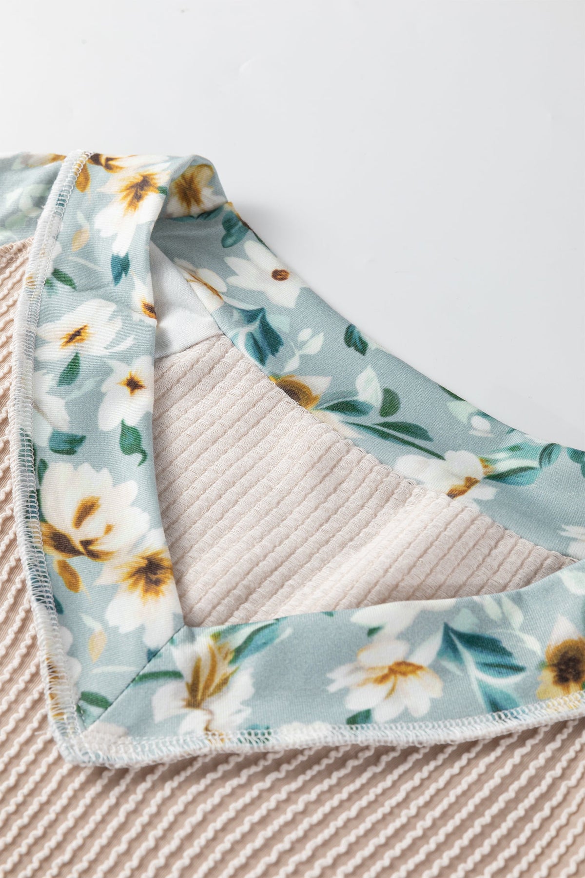 Parchment Twist Ribbed Floral Contrast Patchwork Long Sleeve Top